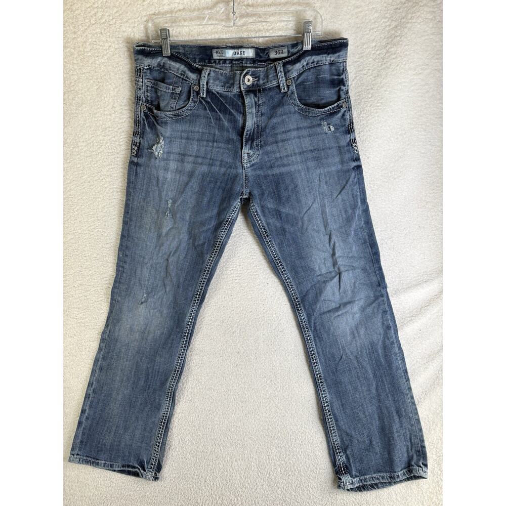 BKE Jake Jeans Mens 36x30 Blue Distressed Whiskers Thick Contrast Stitch Faded